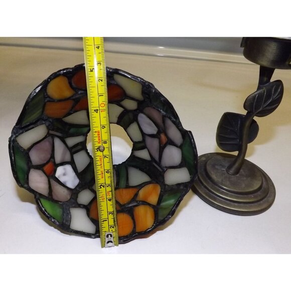 Stained Glass Tiffany Style Flower Lamp Metal Leaf Base Votive Tealight Holder - Picture 13 of 14